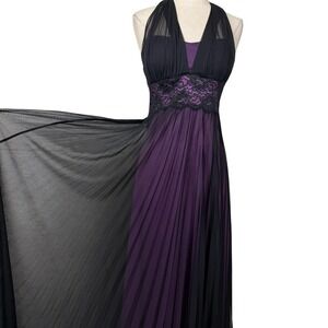 Vtg 90s Y2K Taboo Babydoll Halter Maxi Dress Sz M Purple Black Mesh Pleated Lace